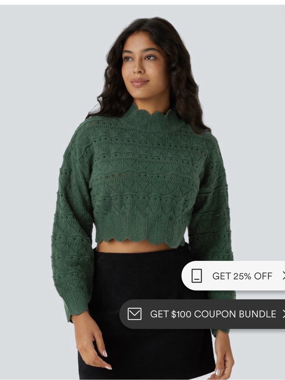 Halara Scalloped Hem Cropped Sweater - Green